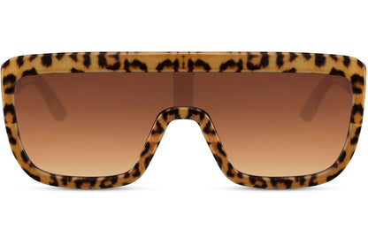 Leopard print bold oversized sports party sunglasses with warm brown lens — wild animal print shield in sustainable recycled polyester, the 70s safari glamour colourway for women who dress like the jungle is their runway, free delivery UK & Europe

