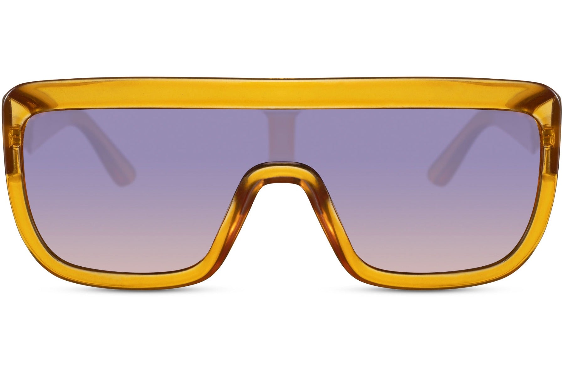 Orange frame bold oversized sports party sunglasses with purple gradient lens — maximum colour-blocking in a flat-top shield, the Ibiza golden hour frame meets Parisian lens tint, 100% recycled polyester UV400 | Sunglass Station