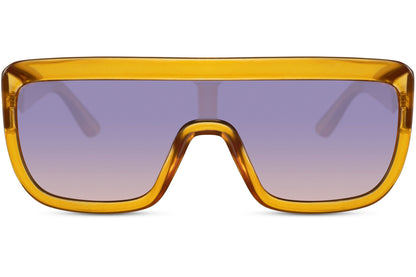 Orange frame bold oversized sports party sunglasses with purple gradient lens — maximum colour-blocking in a flat-top shield, the Ibiza golden hour frame meets Parisian lens tint, 100% recycled polyester UV400 | Sunglass Station