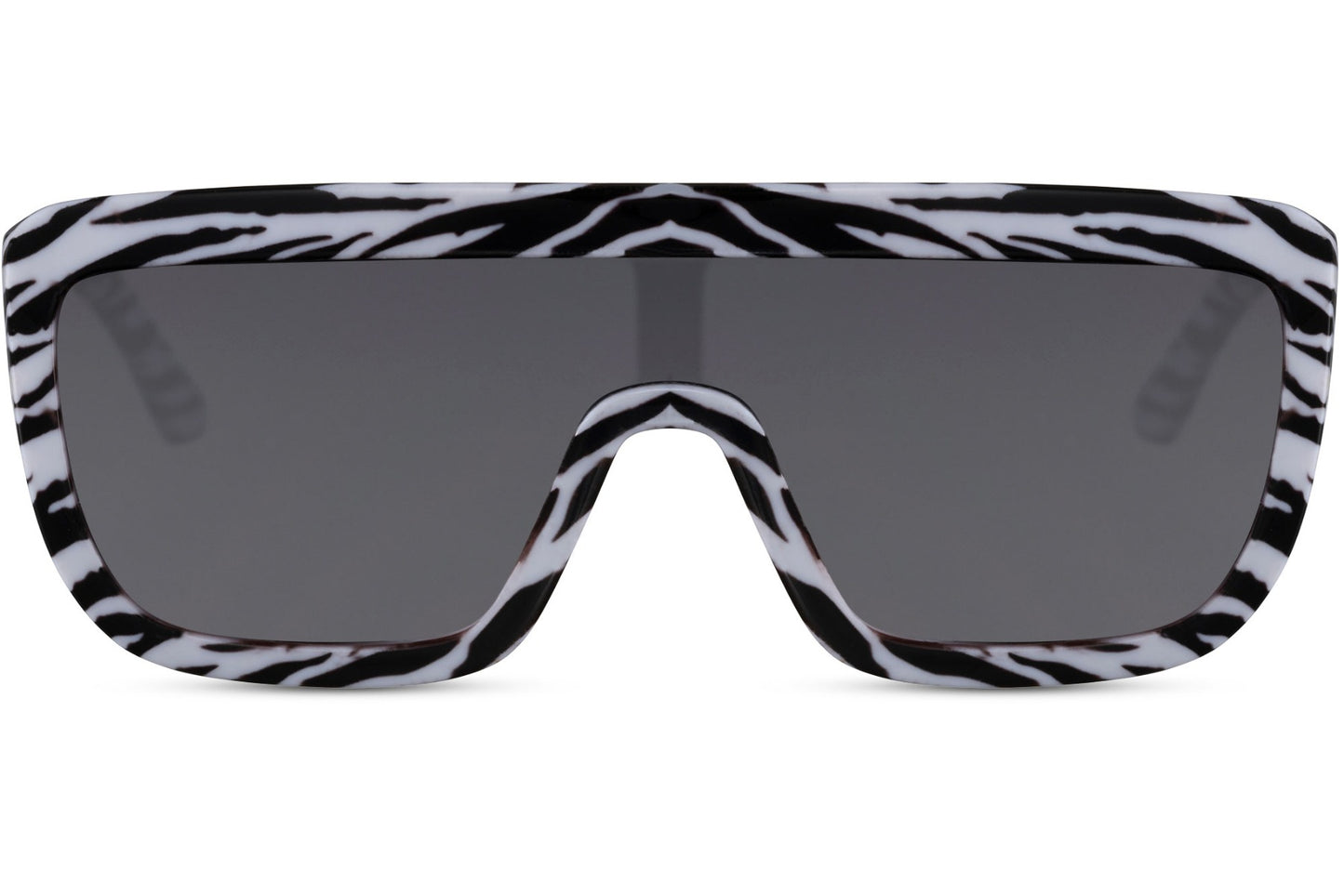 Zebra print bold oversized sports party sunglasses with grey lens — flat-top shield visor in 100% recycled polyester, the wild-coded statement frame that reads festival maximalism and Notting Hill Carnival simultaneously, UV400