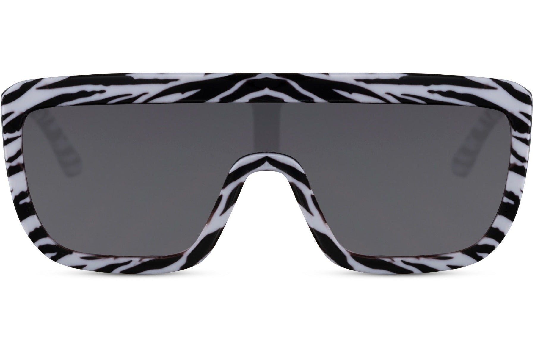 Zebra print bold oversized sports party sunglasses with grey lens — flat-top shield visor in 100% recycled polyester, the wild-coded statement frame that reads festival maximalism and Notting Hill Carnival simultaneously, UV400