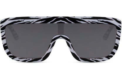 Zebra print bold oversized sports party sunglasses with grey lens — flat-top shield visor in 100% recycled polyester, the wild-coded statement frame that reads festival maximalism and Notting Hill Carnival simultaneously, UV400