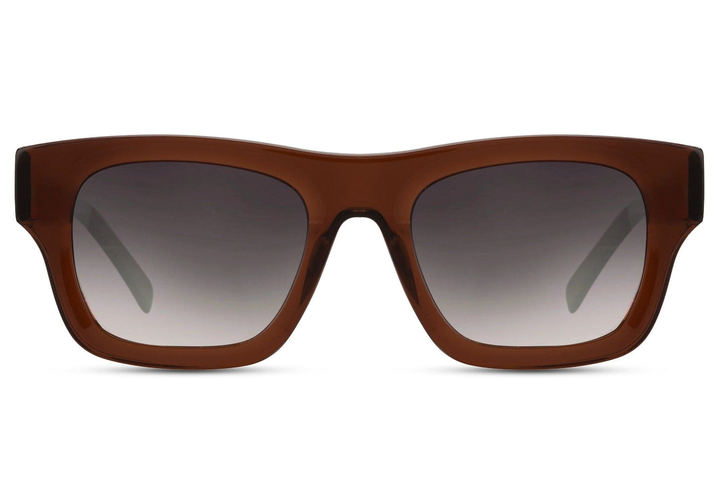 A pair of square-shaped wayfarer sunglasses with a brown frame and a polarised lens.