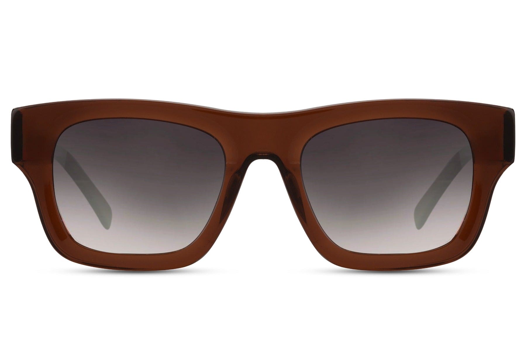 A pair of square-shaped wayfarer sunglasses with a brown frame and a polarised lens.