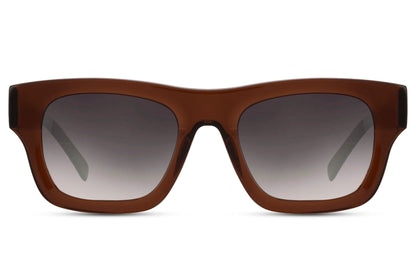 A pair of square-shaped wayfarer sunglasses with a brown frame and a polarised lens.