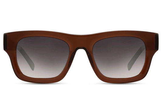 A pair of square-shaped wayfarer sunglasses with a brown frame and a polarised lens.