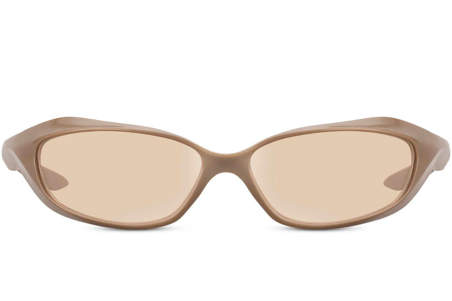 Sand nude visor wrap party sunglasses with warm amber lens — tonal boho-coastal dressing for men and women, the sun-bleached palette of Algarve afternoons and Greek island mornings, UV400 protection