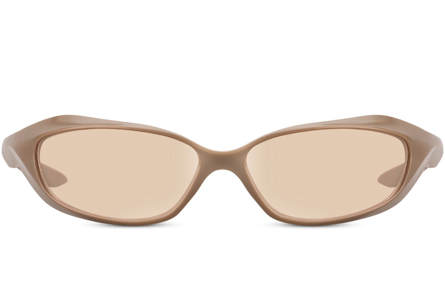 Sand nude visor wrap party sunglasses with warm amber lens — tonal boho-coastal dressing for men and women, the sun-bleached palette of Algarve afternoons and Greek island mornings, UV400 protection