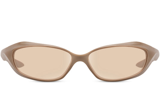 Sand nude visor wrap party sunglasses with warm amber lens — tonal boho-coastal dressing for men and women, the sun-bleached palette of Algarve afternoons and Greek island mornings, UV400 protection