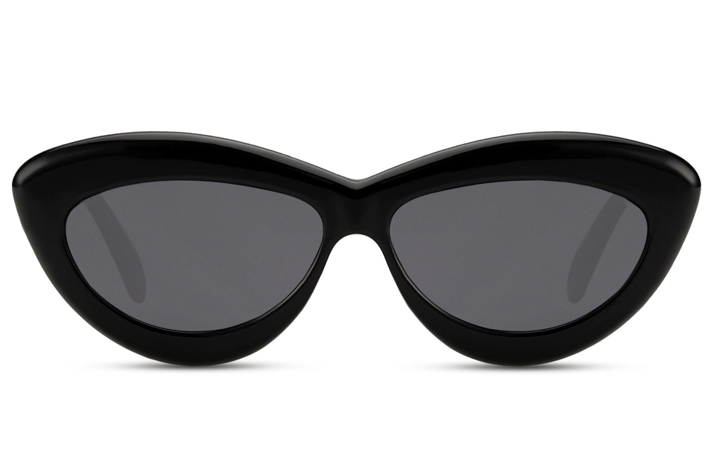 Black chunky rounded candy cat-eye party sunglasses in 100% recycled polyester — the sweet spot between Y2K nostalgia and 2026 colour-forward dressing, 6cm wide lens with bold rounded frame, UV400