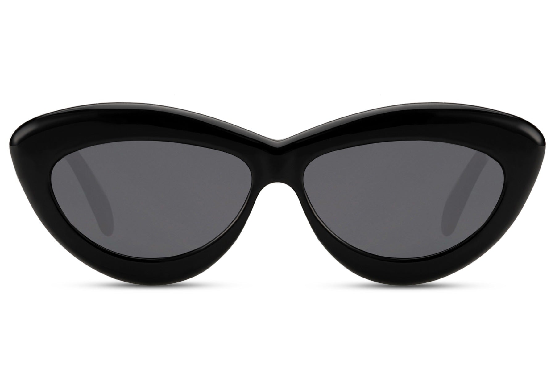 Black chunky rounded candy cat-eye party sunglasses in 100% recycled polyester — the sweet spot between Y2K nostalgia and 2026 colour-forward dressing, 6cm wide lens with bold rounded frame, UV400