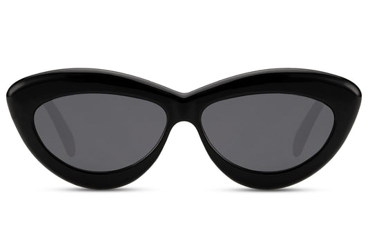 Black chunky rounded candy cat-eye party sunglasses in 100% recycled polyester — the sweet spot between Y2K nostalgia and 2026 colour-forward dressing, 6cm wide lens with bold rounded frame, UV400