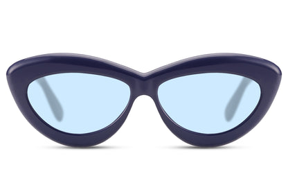 Blue frame candy cat-eye party sunglasses with blue tinted lens — chromatic colour-blocking for women, the blue lens trend in its most playful rounded form, sustainable recycled polyester for festival season and European summer | Sunglass Station