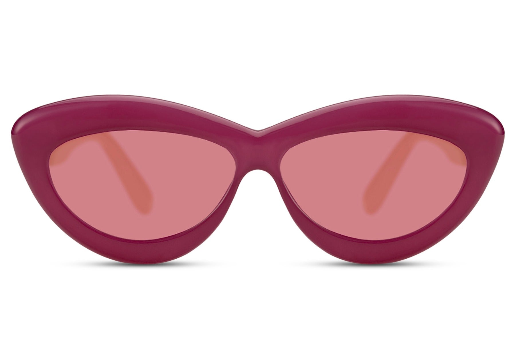 Red pink frame candy cat-eye party sunglasses with pink tinted lens — the sweetest colourway in the collection, colour-on-colour dressing for festivals, hen parties and anywhere that rewards bold feminine energy, UV400 eco-friendly

