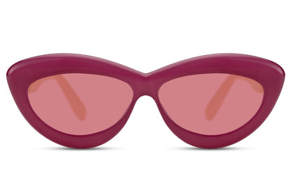 Red pink frame candy cat-eye party sunglasses with pink tinted lens — the sweetest colourway in the collection, colour-on-colour dressing for festivals, hen parties and anywhere that rewards bold feminine energy, UV400 eco-friendly

