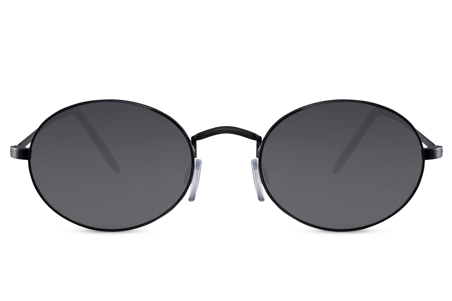 Chic metal frame round sunglasses black slim metal frame smoke 100% recycled lens UV400 protection men women lightweight sophisticated everyday city summer driving beach free UK Europe shipping Sunglass Station