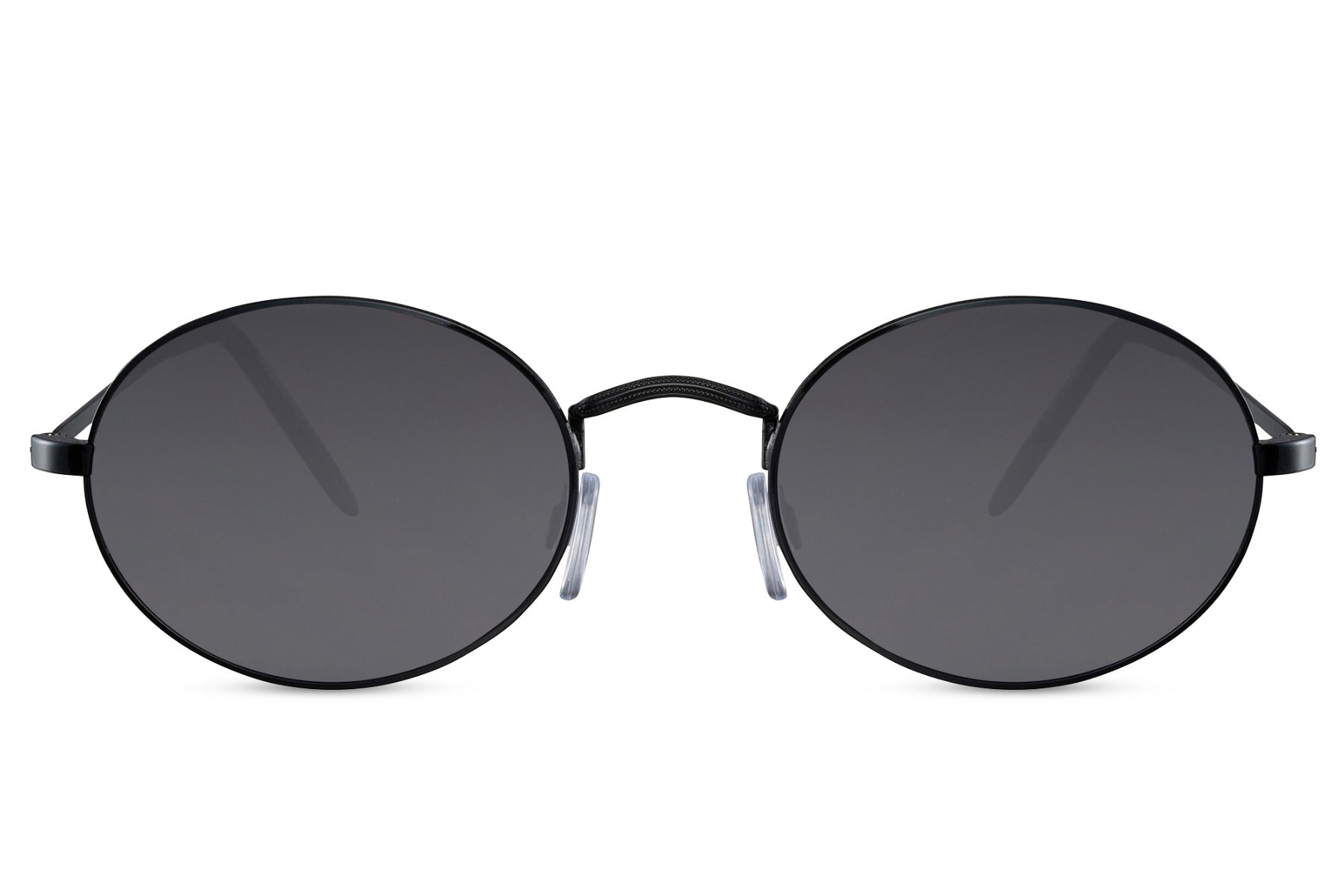 Chic metal frame round sunglasses black slim metal frame smoke 100% recycled lens UV400 protection men women lightweight sophisticated everyday city summer driving beach free UK Europe shipping Sunglass Station