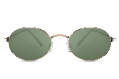 Chic metal frame round sunglasses gold slim metal frame temple detail green recycled lens durable UV400 protection men women travel-ready sustainable everyday summer city free UK Europe shipping Sunglass Station