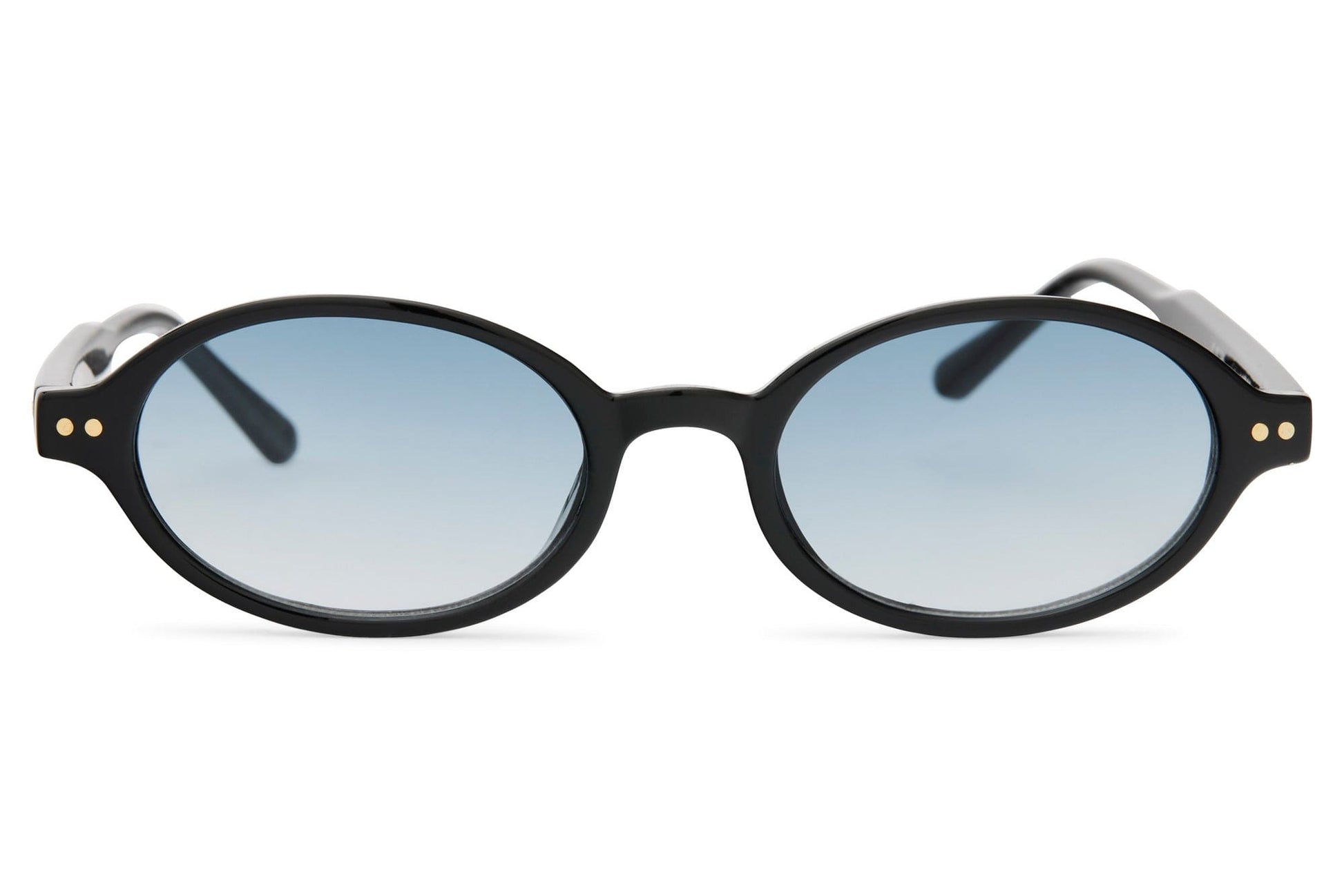 Chic oval sunglasses for men and women with black frame and blue gradient polycarbonate lens – unisex retro slim shades, free delivery across UK and Europe from Sunglass Station