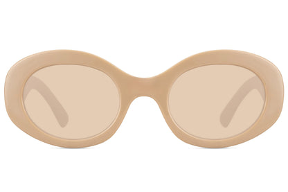 Chic oval sunglasses for women with terracotta rust recycled polyester frame and amber brown tinted lens – bold retro Y2K shades for going out and summer festivals, Sunglass Station free shipping UK and Europe
