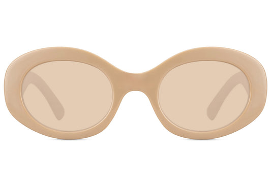 Chic oval sunglasses for women with terracotta rust recycled polyester frame and amber brown tinted lens – bold retro Y2K shades for going out and summer festivals, Sunglass Station free shipping UK and Europe