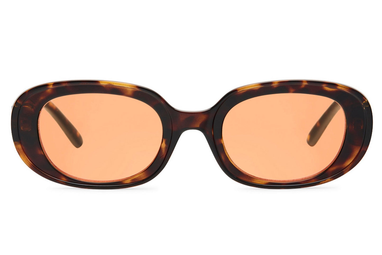 Chunky oval sunglasses for women with dark tortoiseshell recycled polyester frame and peach amber tinted lens – sustainable retro thick frame shades for going out and holidays, free delivery UK and Europe from Sunglass Station