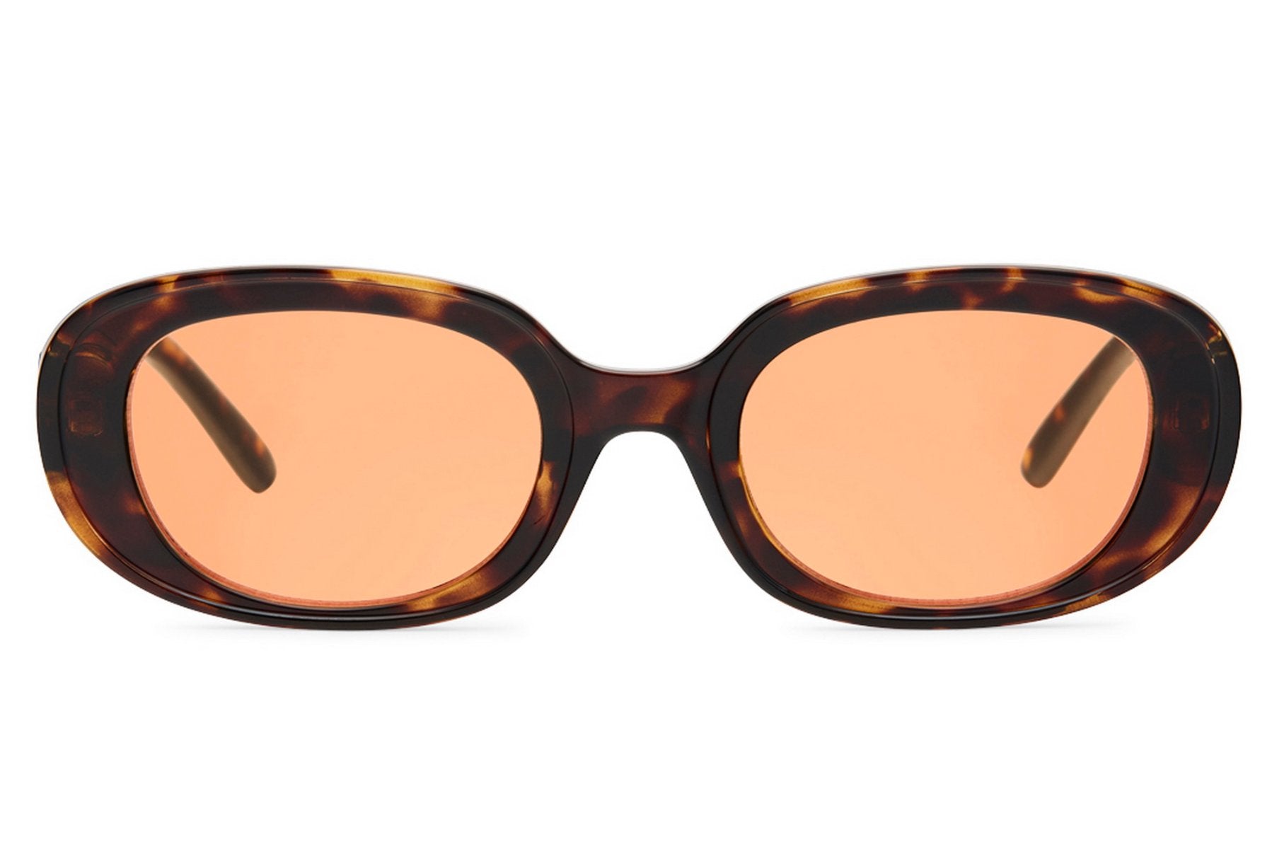 Chunky oval sunglasses for women with dark tortoiseshell recycled polyester frame and peach amber tinted lens – sustainable retro thick frame shades for going out and holidays, free delivery UK and Europe from Sunglass Station