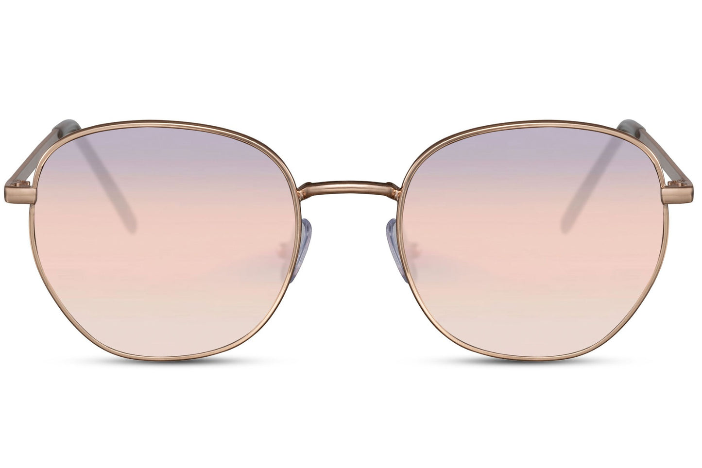 Classic geometric round sunglasses gold metal frame pink rose gradient 100% recycled lens UV400 protection women elegant feminine retro chic summer city brunch festival beach free UK Europe shipping Sunglass Station