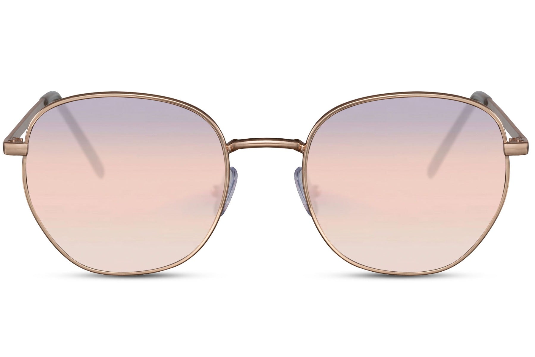 Classic geometric round sunglasses gold metal frame pink rose gradient 100% recycled lens UV400 protection women elegant feminine retro chic summer city brunch festival beach free UK Europe shipping Sunglass Station