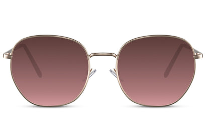 Classic geometric round sunglasses gold metal frame purple mauve 100% recycled lens UV400 protection women bold retro chic statement summer festival city beach eyewear free UK Europe delivery Sunglass Station