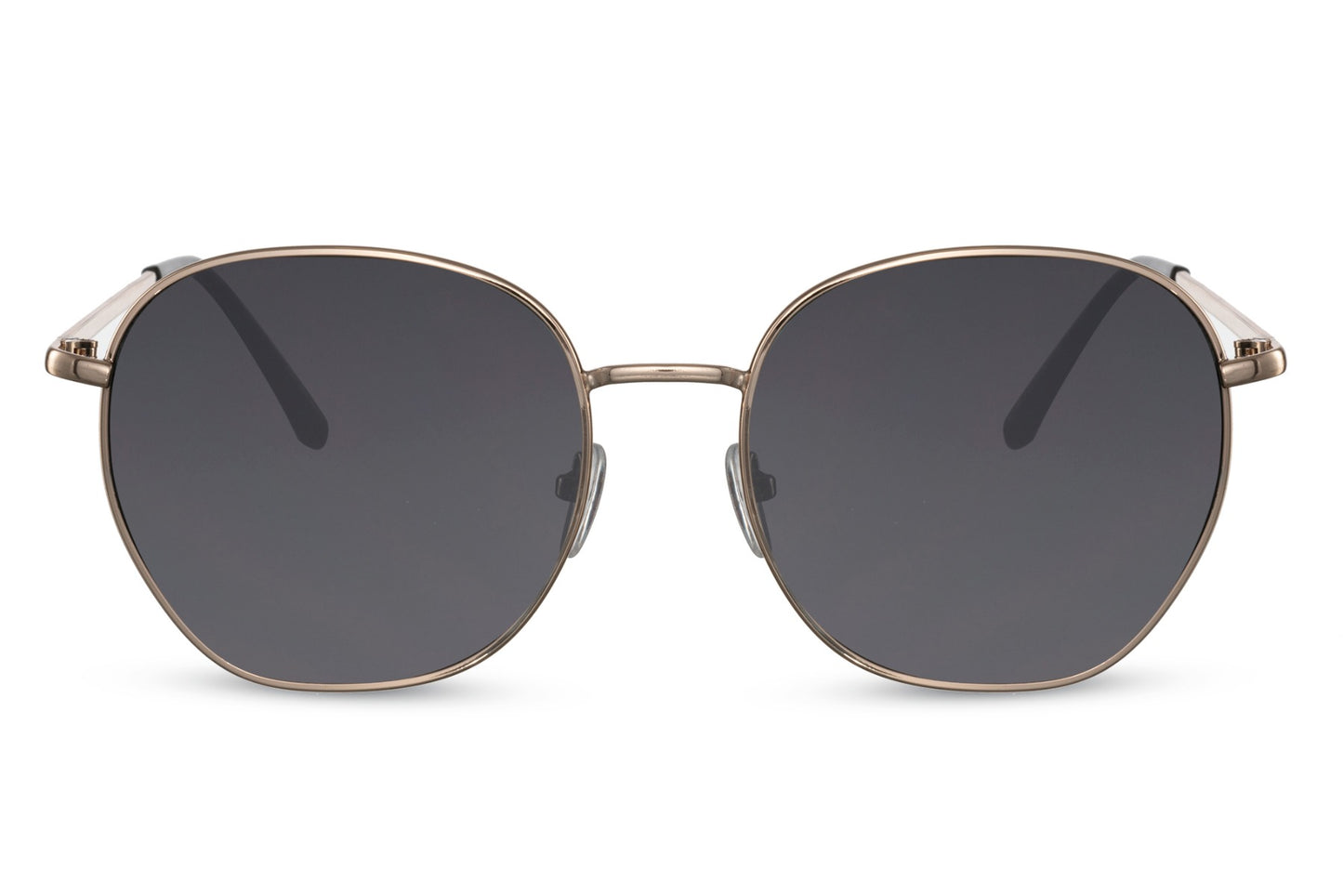 Classic geometric round sunglasses gold metal frame black smoke 100% recycled lens UV400 protection men women timeless elegant retro angular everyday city summer beach driving free UK Europe delivery Sunglass Station