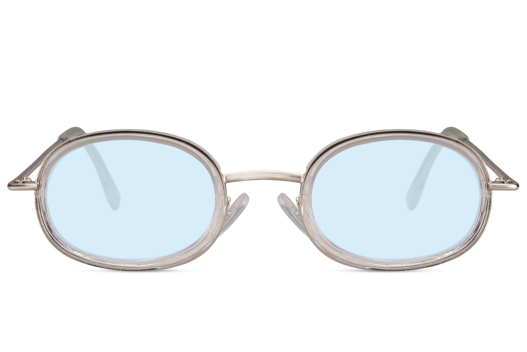Classic oval sunglasses for women with gold metal frame and ice blue polycarbonate lens – chic lightweight retro shades for holidays and everyday city wear, Sunglass Station free UK and Europe delivery