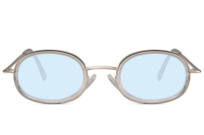 Classic oval sunglasses for women with gold metal frame and ice blue polycarbonate lens – chic lightweight retro shades for holidays and everyday city wear, Sunglass Station free UK and Europe delivery