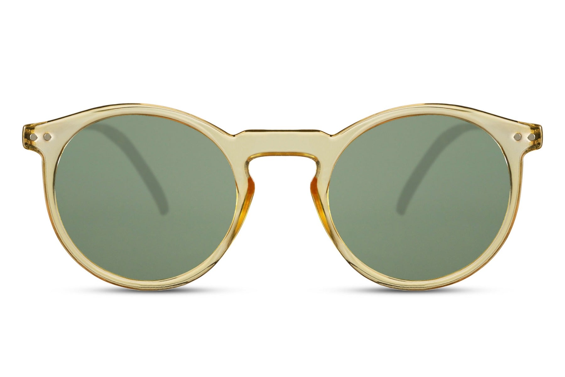 Classic round sunglasses cream yellow frame green tinted lens 100% UV400 protection men women retro boho summer outdoor festival eyewear free UK Europe delivery Sunglass Station