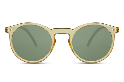 Classic round sunglasses cream yellow frame green tinted lens 100% UV400 protection men women retro boho summer outdoor festival eyewear free UK Europe delivery Sunglass Station