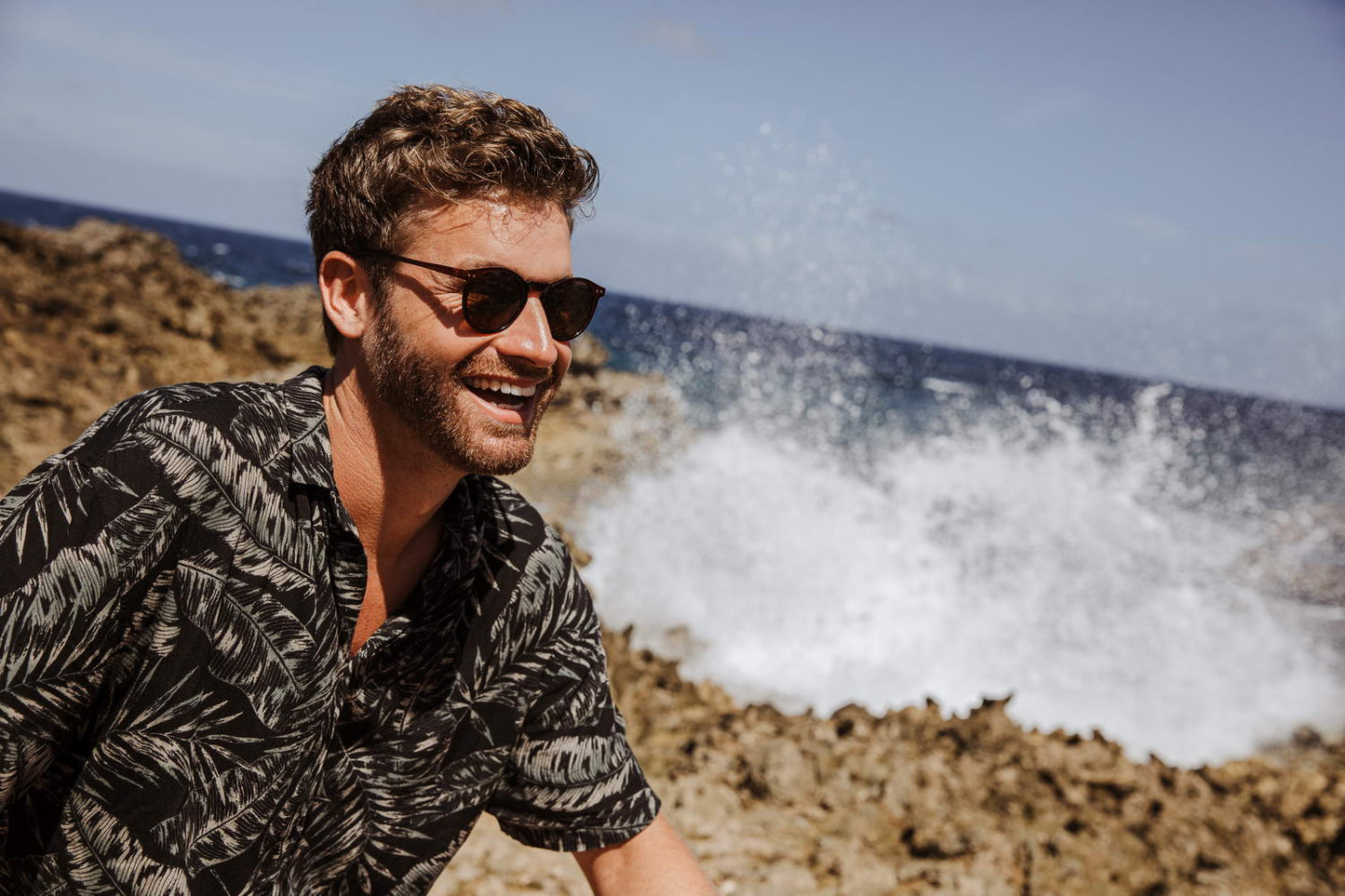 Men wearing classic round sunglasses cream polycarbonate frame UV400 protection stylish coastal outdoor summer holiday eyewear free UK Europe shipping Sunglass Station