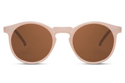 Classic round sunglasses nude cream frame warm brown tinted lens 100% UV400 protection women elegant casual summer holiday city brunch wear free UK Europe delivery Sunglass Station
