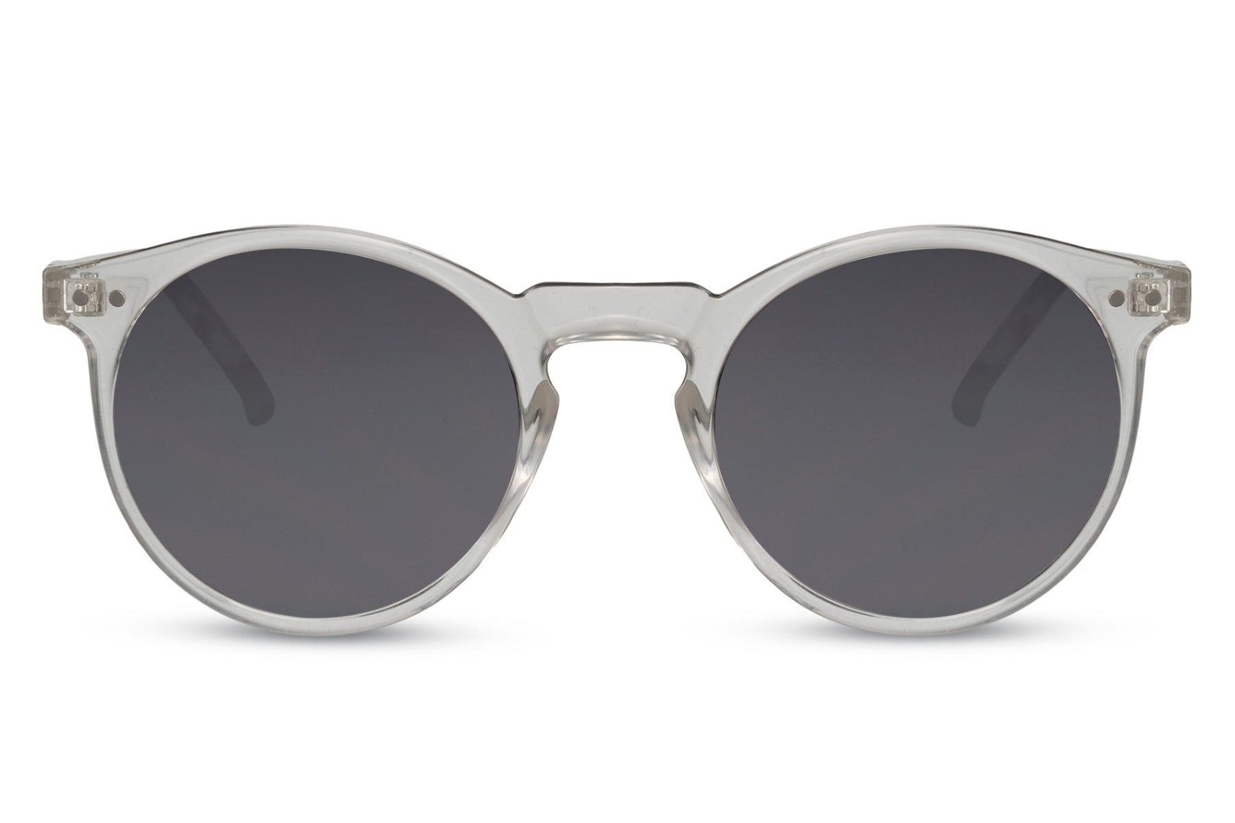 Classic round sunglasses transparent clear lens grey polycarbonate frame 100% UV400 protection men women minimalist everyday fashion eyewear free UK Europe shipping Sunglass Station