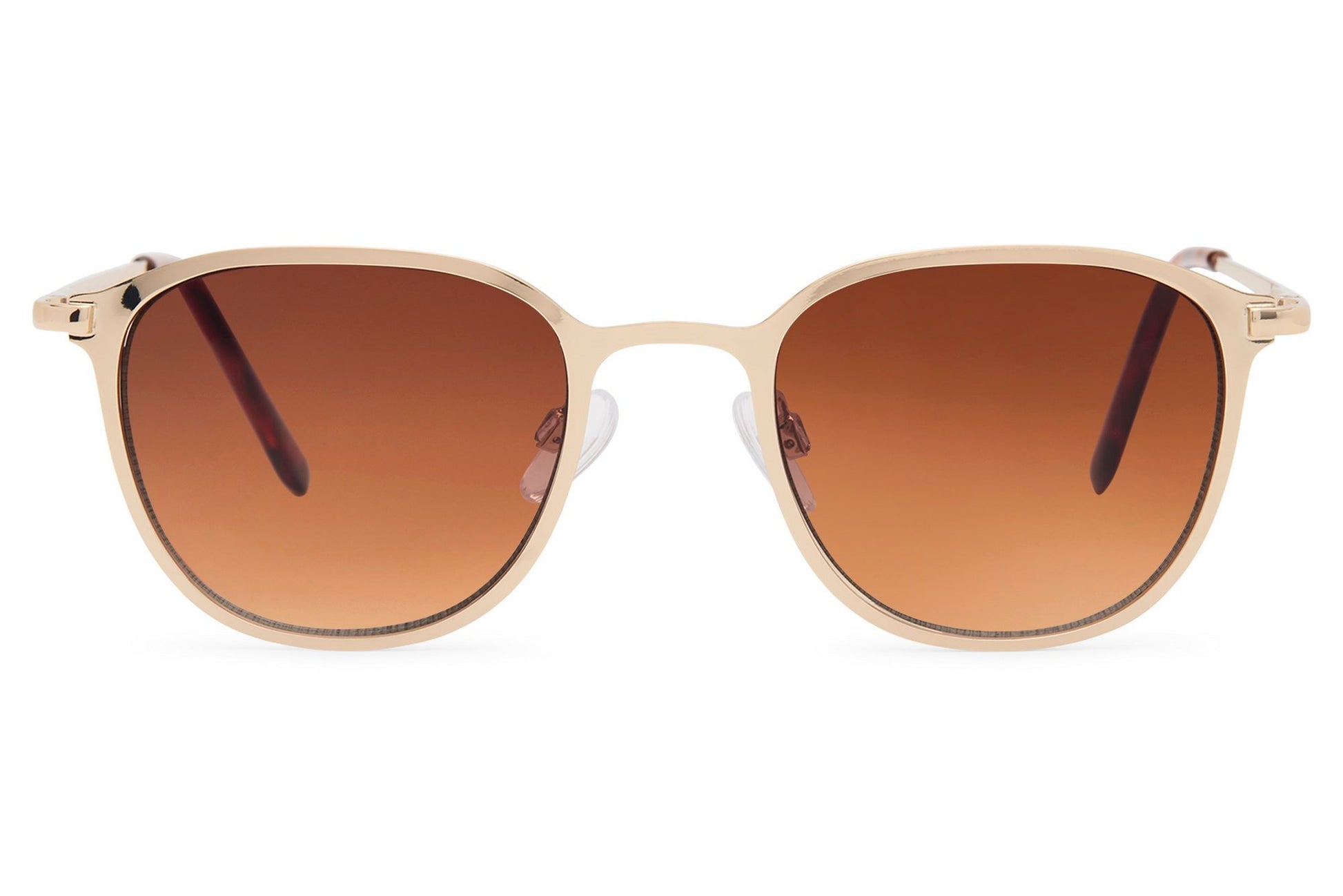 Classic tinted round sunglasses gold copper frame warm brown cognac gradient polycarbonate lens UV protection men women elegant retro Italian summer holiday city brunch free UK Europe delivery Sunglass Station