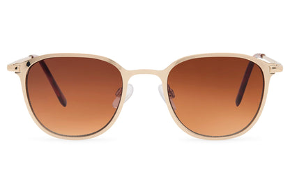 Classic tinted round sunglasses gold copper frame warm brown cognac gradient polycarbonate lens UV protection men women elegant retro Italian summer holiday city brunch free UK Europe delivery Sunglass Station