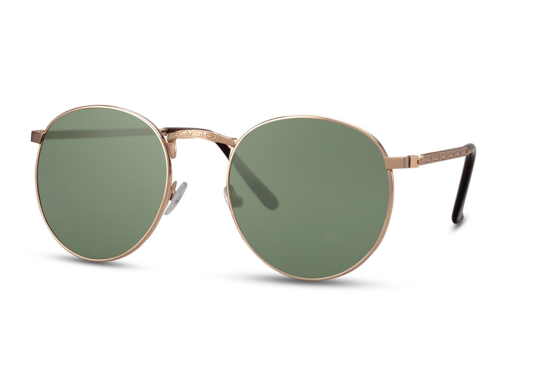 Classy metal frame round sunglasses gold frame green 100% recycled lens UV400 protection men women sustainable eco-friendly vintage retro everyday summer city festival free UK Europe shipping Sunglass Station