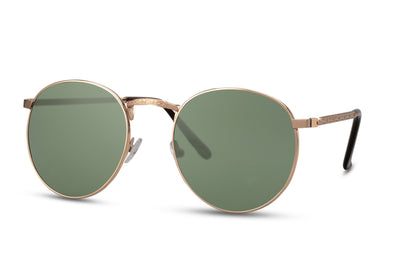 Classy metal frame round sunglasses gold frame green 100% recycled lens UV400 protection men women sustainable eco-friendly vintage retro everyday summer city festival free UK Europe shipping Sunglass Station