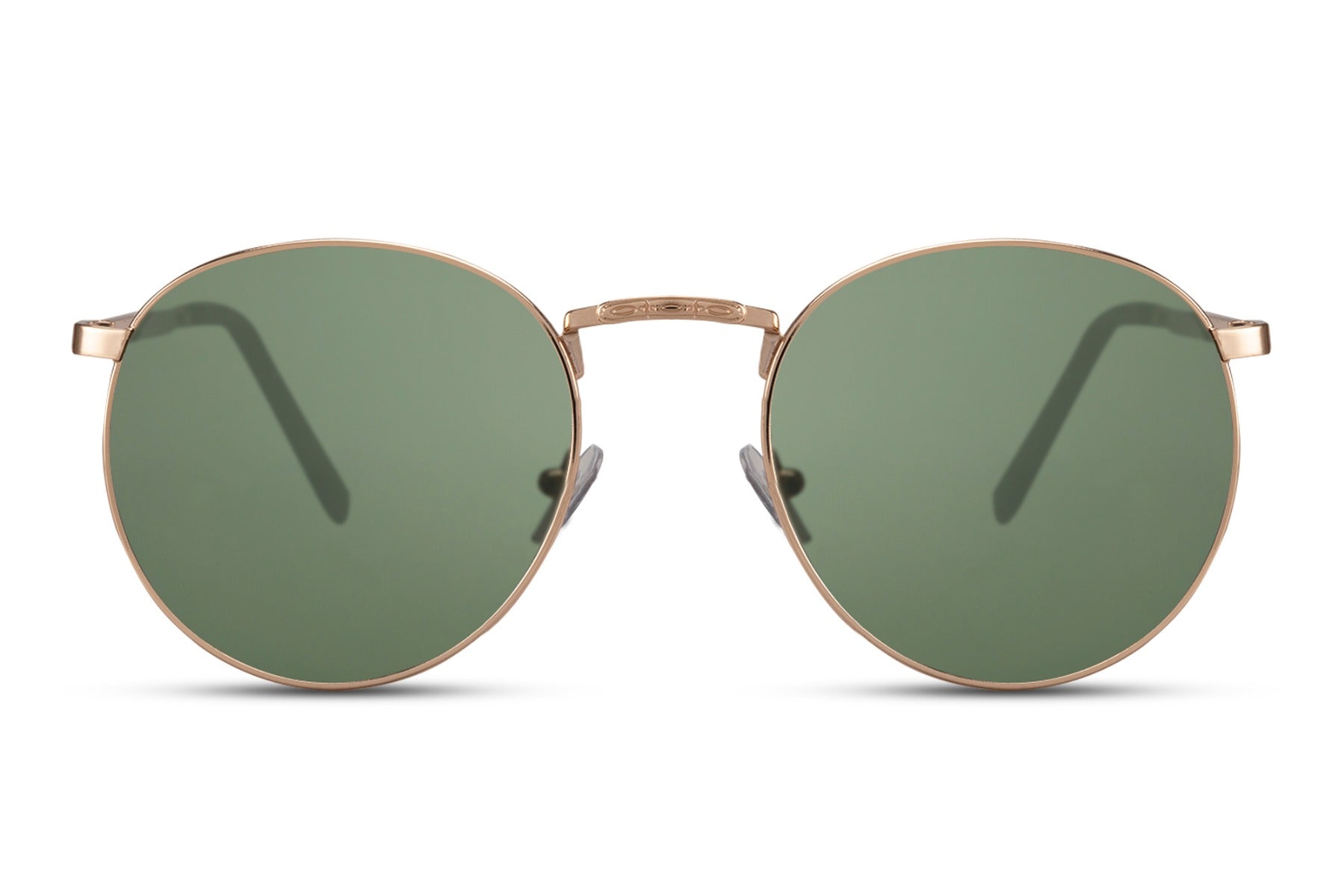 Classy metal frame round sunglasses gold metal frame green 100% recycled lens durable UV400 protection men women sustainable travel-ready compact summer city beach outdoor free UK Europe shipping Sunglass Station