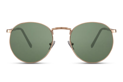 Classy metal frame round sunglasses gold metal frame green 100% recycled lens durable UV400 protection men women sustainable travel-ready compact summer city beach outdoor free UK Europe shipping Sunglass Station