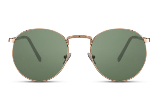 Classy metal frame round sunglasses gold recycled lens green 100% UV400 protection men women eco-friendly sustainable retro summer city beach holiday free UK Europe delivery Sunglass Station