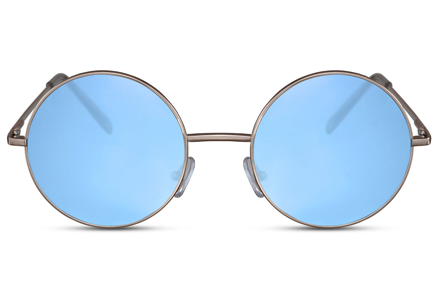 Coloured lens round sunglasses gold metal frame blue sky translucent 100% recycled lens UV400 protection men women bold statement retro festival summer beach city eyewear free UK Europe delivery Sunglass Station