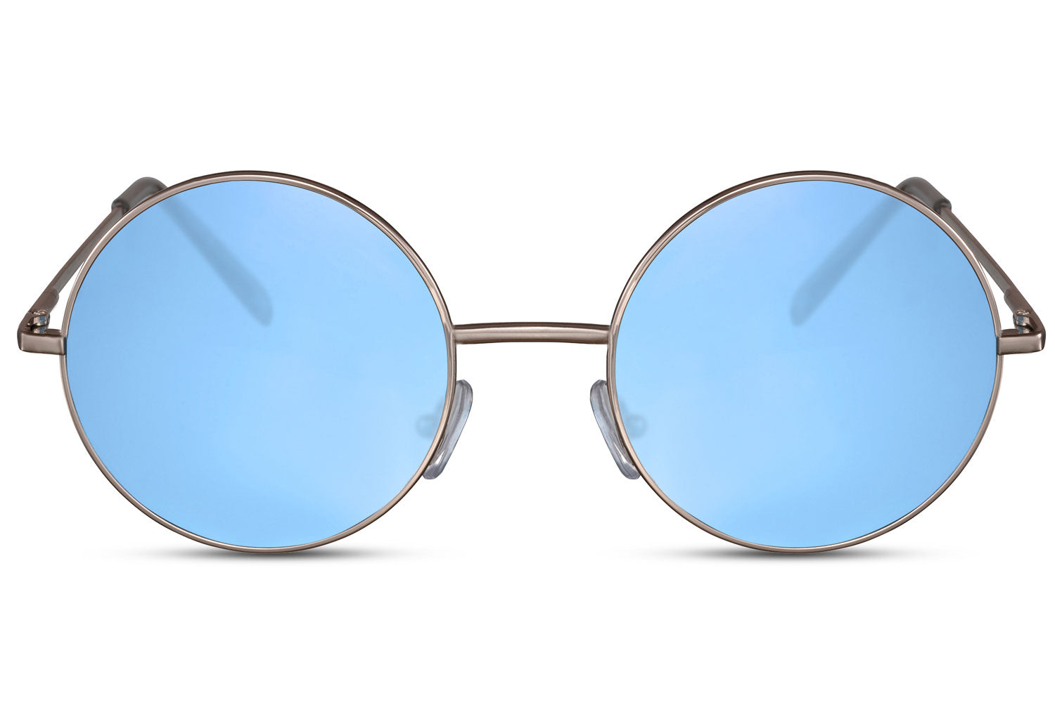Coloured lens round sunglasses gold metal frame blue sky translucent 100% recycled lens UV400 protection men women bold statement retro festival summer beach city eyewear free UK Europe delivery Sunglass Station