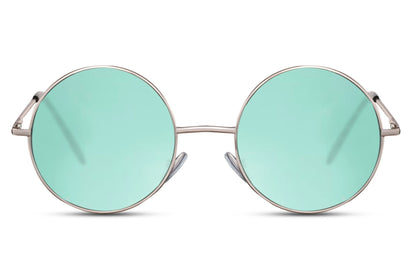 Coloured lens round sunglasses gold metal frame green teal translucent 100% recycled lens UV400 protection men women bold retro boho sustainable summer festival beach outdoor city free UK Europe shipping Sunglass Station