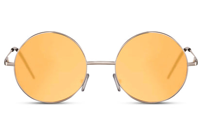Coloured lens round sunglasses gold slim metal frame orange translucent 100% recycled lens UV400 protection men women bold vibrant retro festival summer beach city free UK Europe shipping Sunglass Station