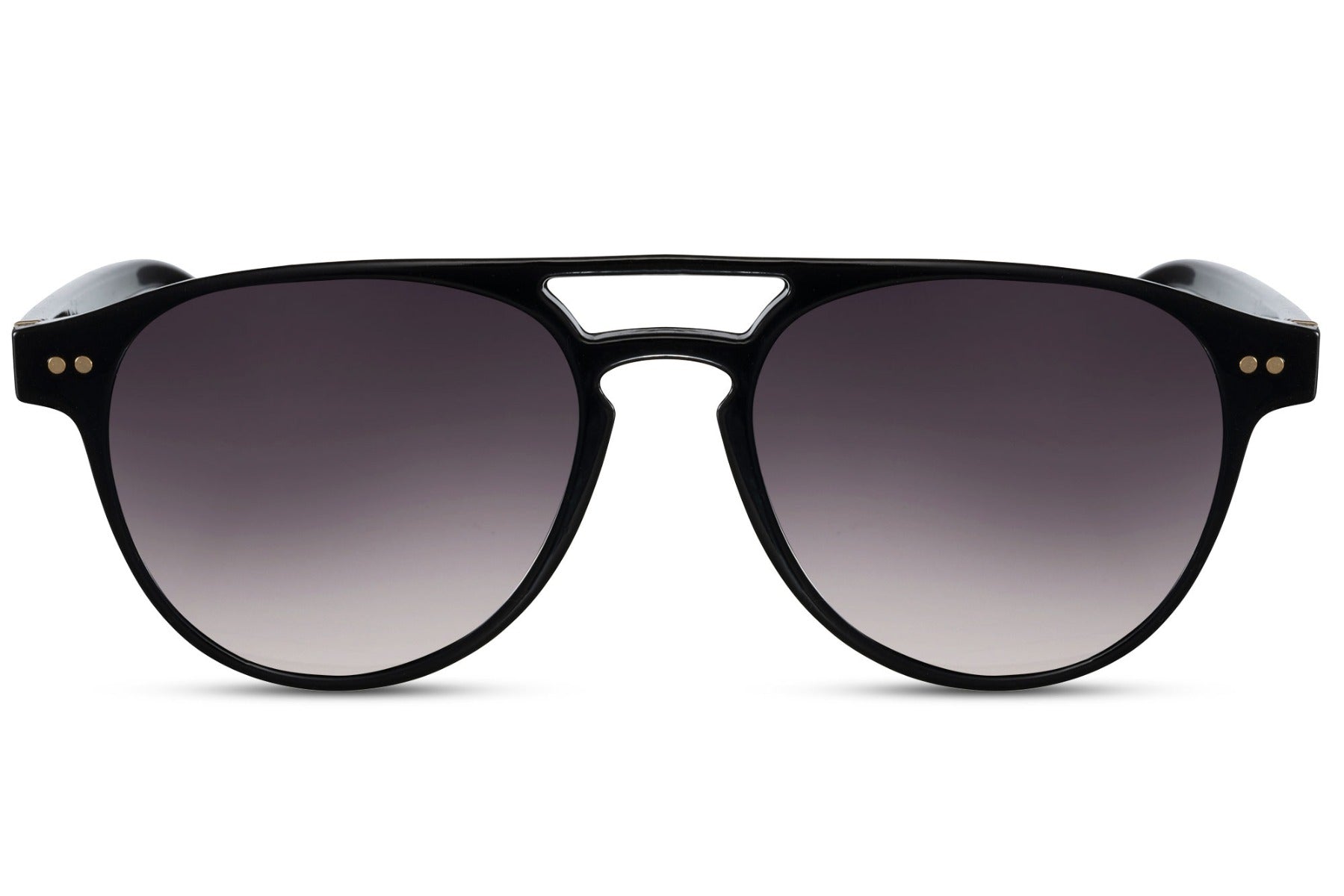 Double bridge round sunglasses black polycarbonate frame smoke gradient lens 100% UV400 protection men women bold sophisticated retro aviator-inspired everyday city driving summer free UK Europe shipping Sunglass Station